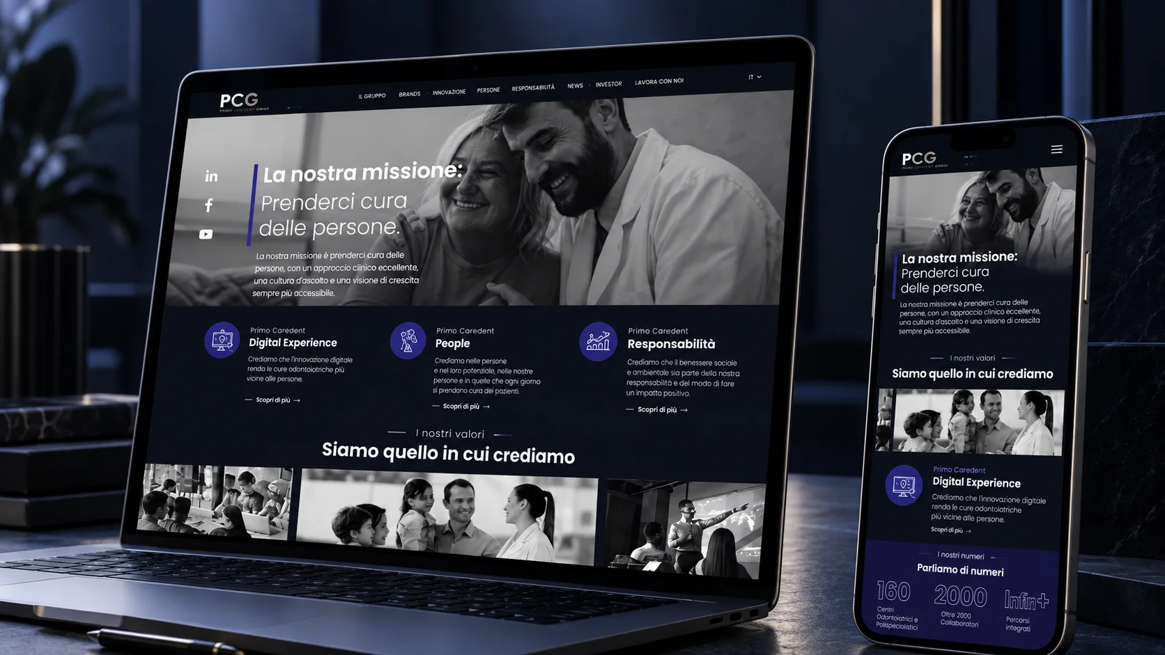 Sito corporate di Primo Caredent Group su laptop e smartphone, con la missione del Gruppo e i suoi valori