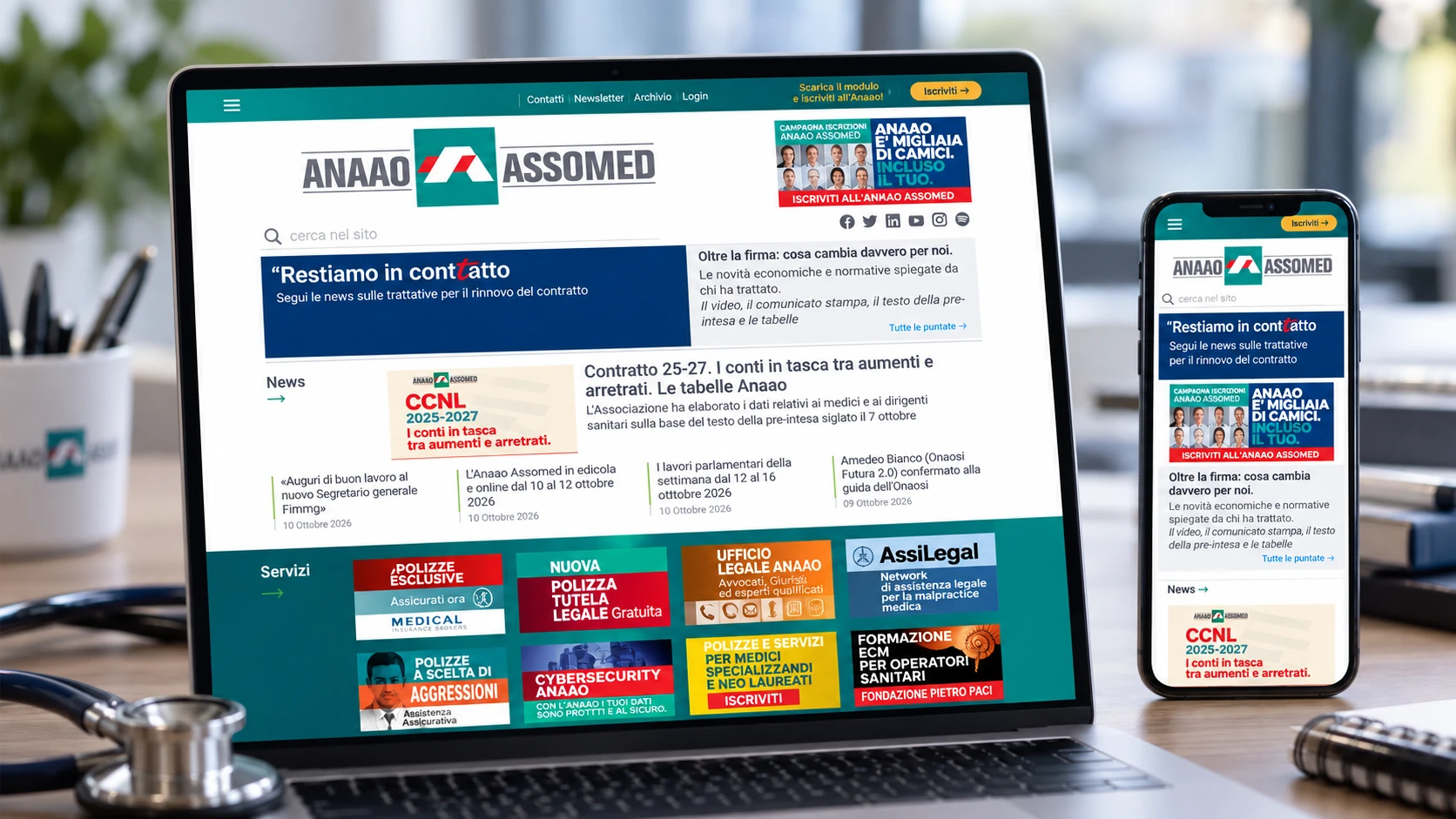 Sito istituzionale Anaao Assomed visualizzato su computer e smartphone, con notizie sanitarie e servizi per gli iscritti